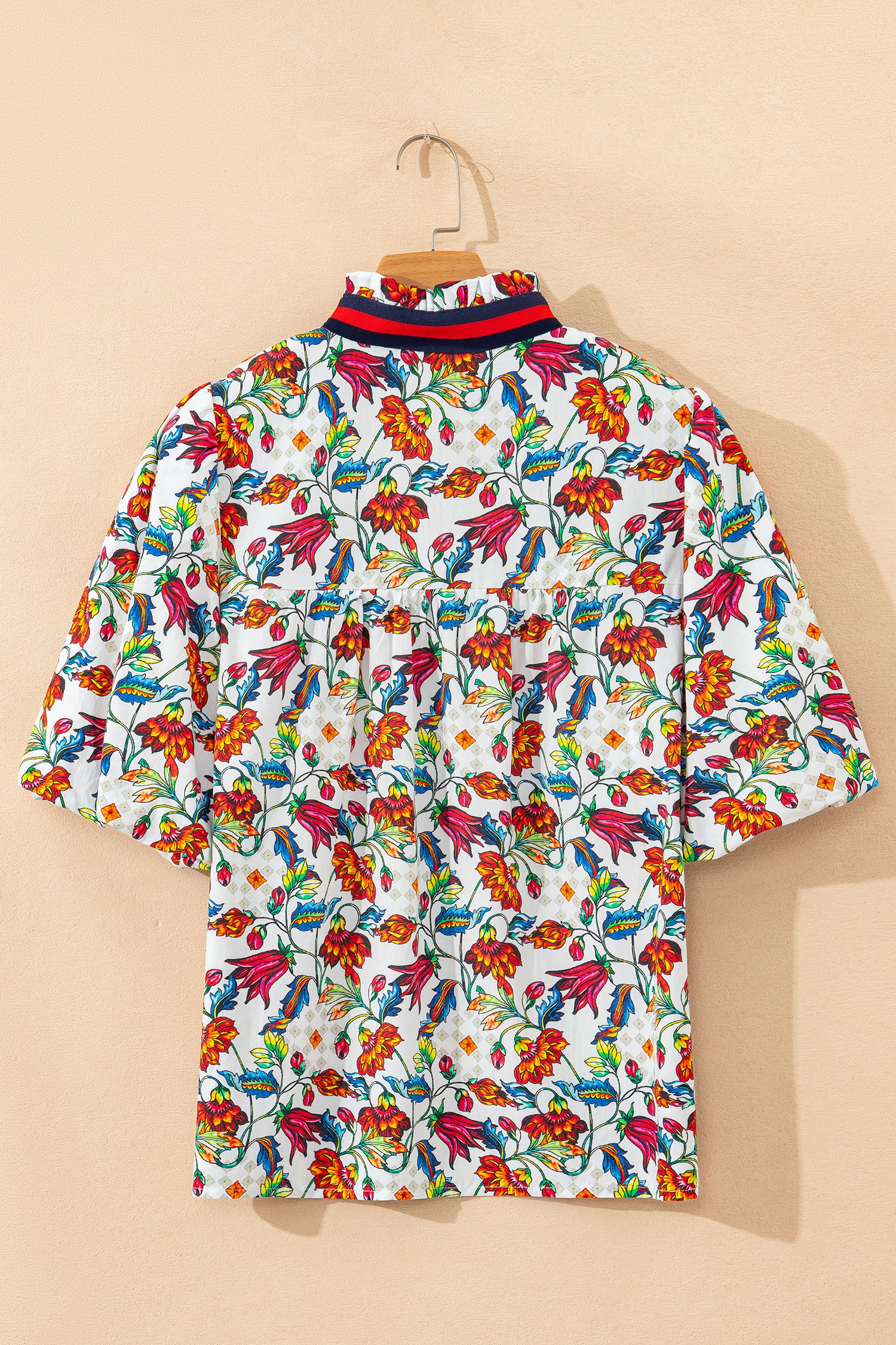 Multicolour Contrasted V Neckline Floral Puff Short Sleeve Blouse-Tops/Blouses & Shirts-[Adult]-[Female]-2022 Online Blue Zone Planet