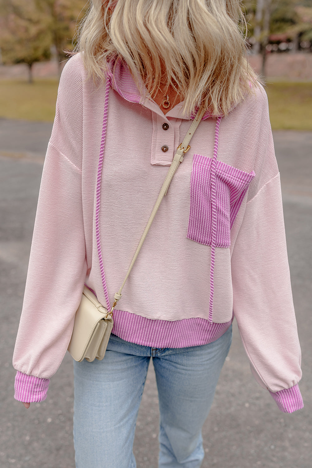 White Corded Colorblock Patch Pocket Drawstring Hooded Top-Tops/Long Sleeve Tops-[Adult]-[Female]-Light Pink-S-2022 Online Blue Zone Planet