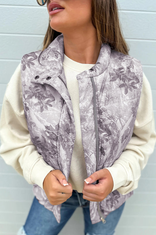 Gray Camo Leaf Print Winter Puffer Vest-TOPS / DRESSES-[Adult]-[Female]-Gray-S-2022 Online Blue Zone Planet