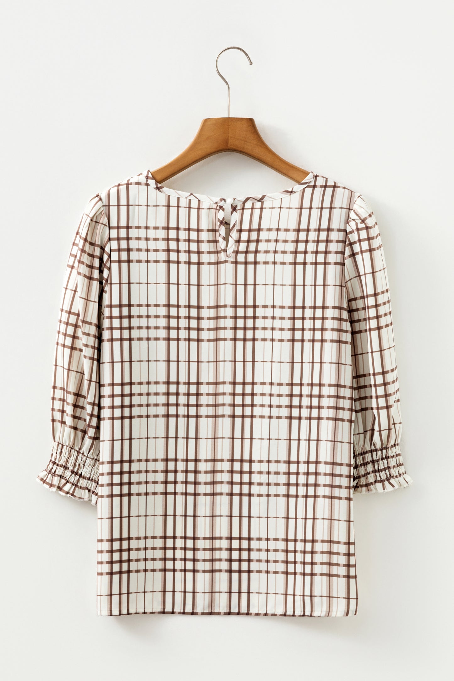 White Plaid Print Frilled Puffy Half Sleeve Blouse-Tops/Blouses & Shirts-[Adult]-[Female]-2022 Online Blue Zone Planet