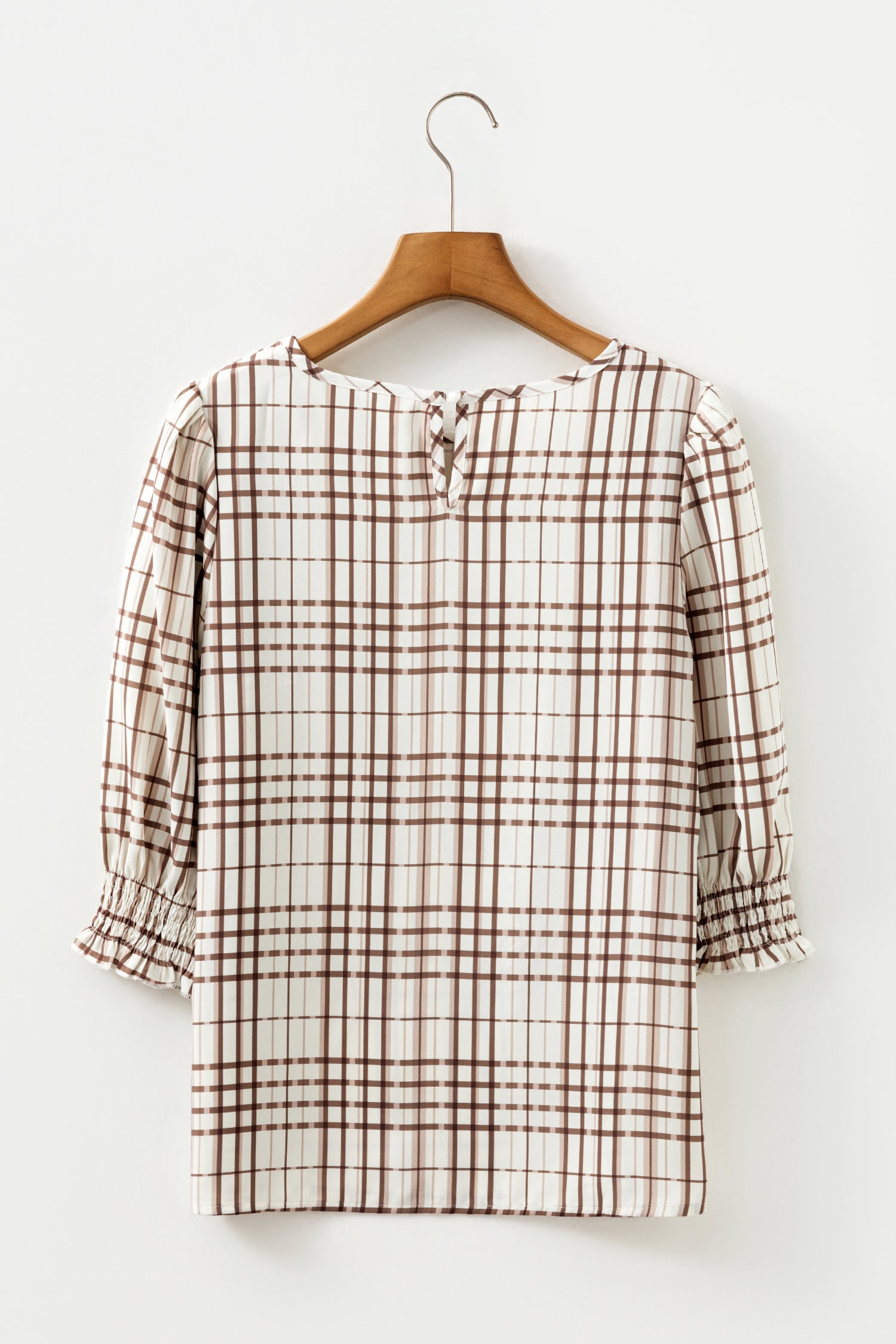 White Plaid Print Frilled Puffy Half Sleeve Blouse-Tops/Blouses & Shirts-[Adult]-[Female]-2022 Online Blue Zone Planet