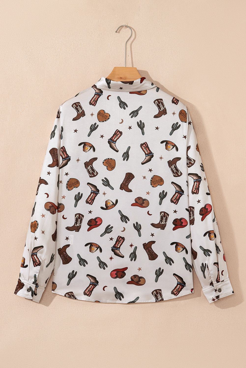 White Western Fashion Print Button Up Casual Shirt-Tops/Blouses & Shirts-[Adult]-[Female]-2022 Online Blue Zone Planet