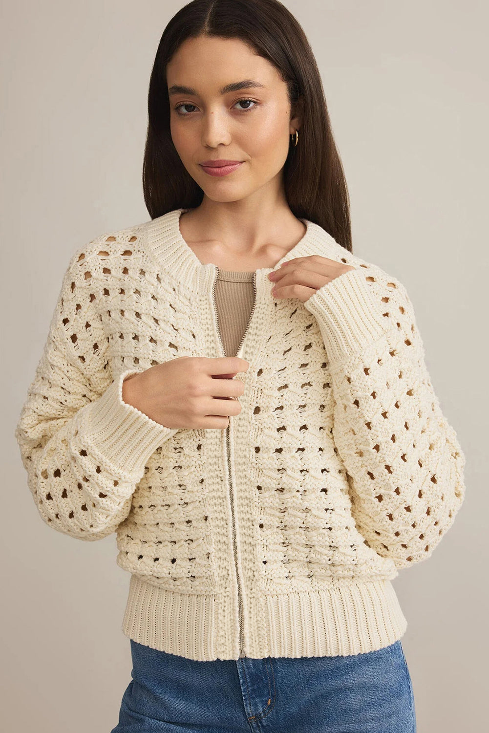 Beige Hollowed Pattern Knit Zip Up Drop Shoulder Sweater Cardigan-TOPS / DRESSES-[Adult]-[Female]-2022 Online Blue Zone Planet