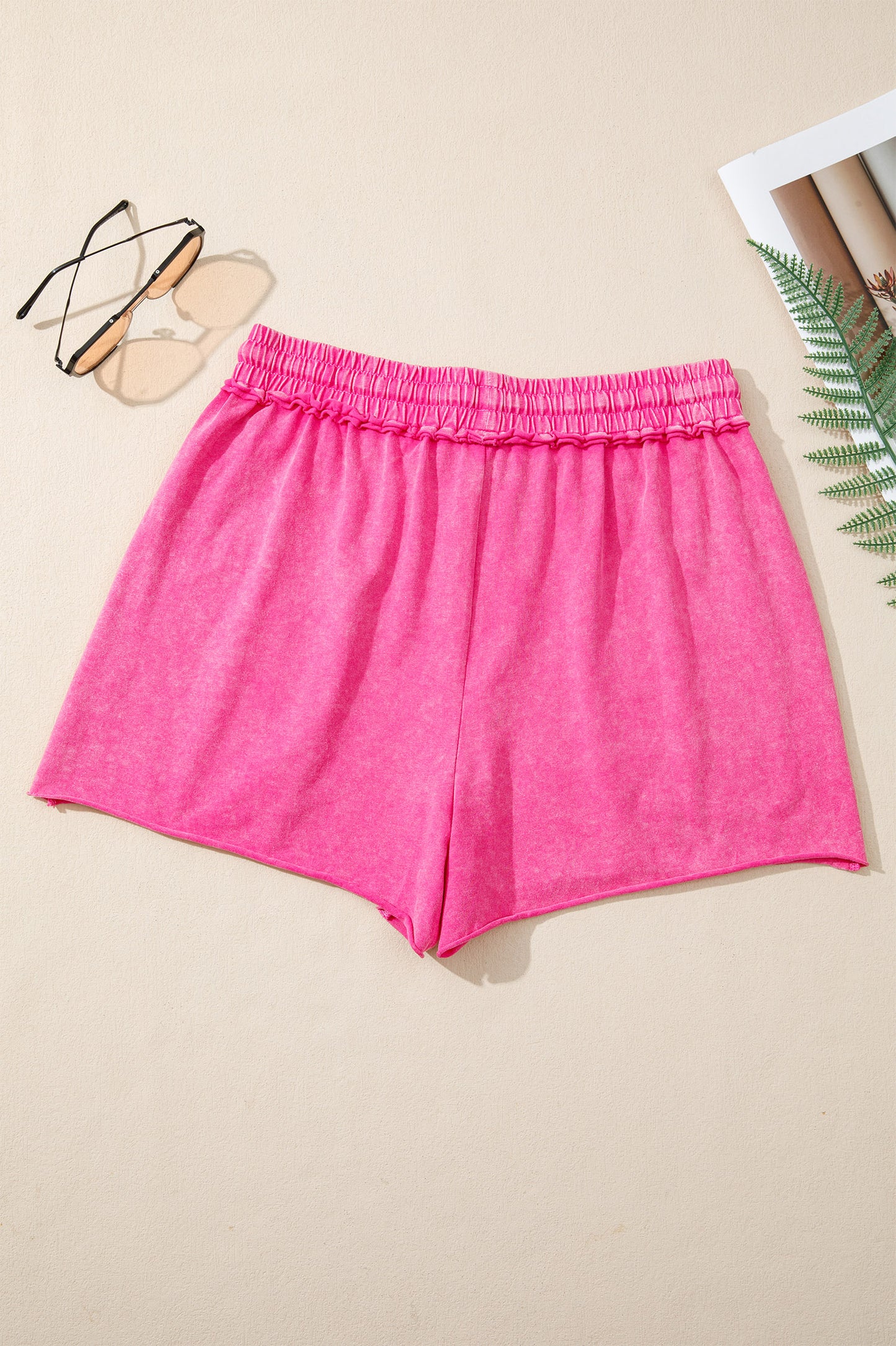 Rose Red Mineral Washed Drawstring Elastic Waist Raw Cut Shorts-Bottoms/Casual Shorts-[Adult]-[Female]-2022 Online Blue Zone Planet