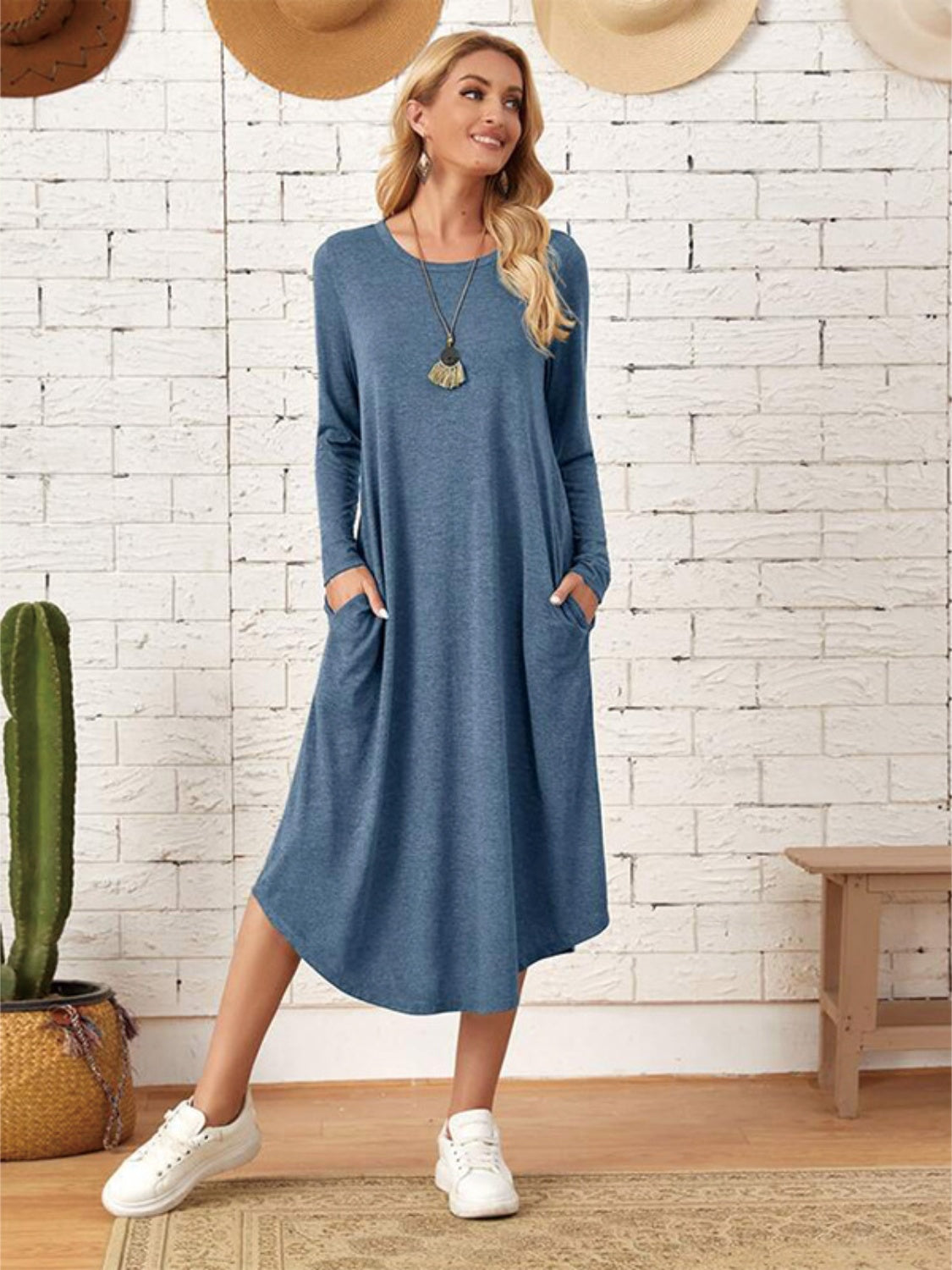 Pocketed Round Neck Long Sleeve Tee Dress-TOPS / DRESSES-[Adult]-[Female]-Dusty Blue-S-2022 Online Blue Zone Planet