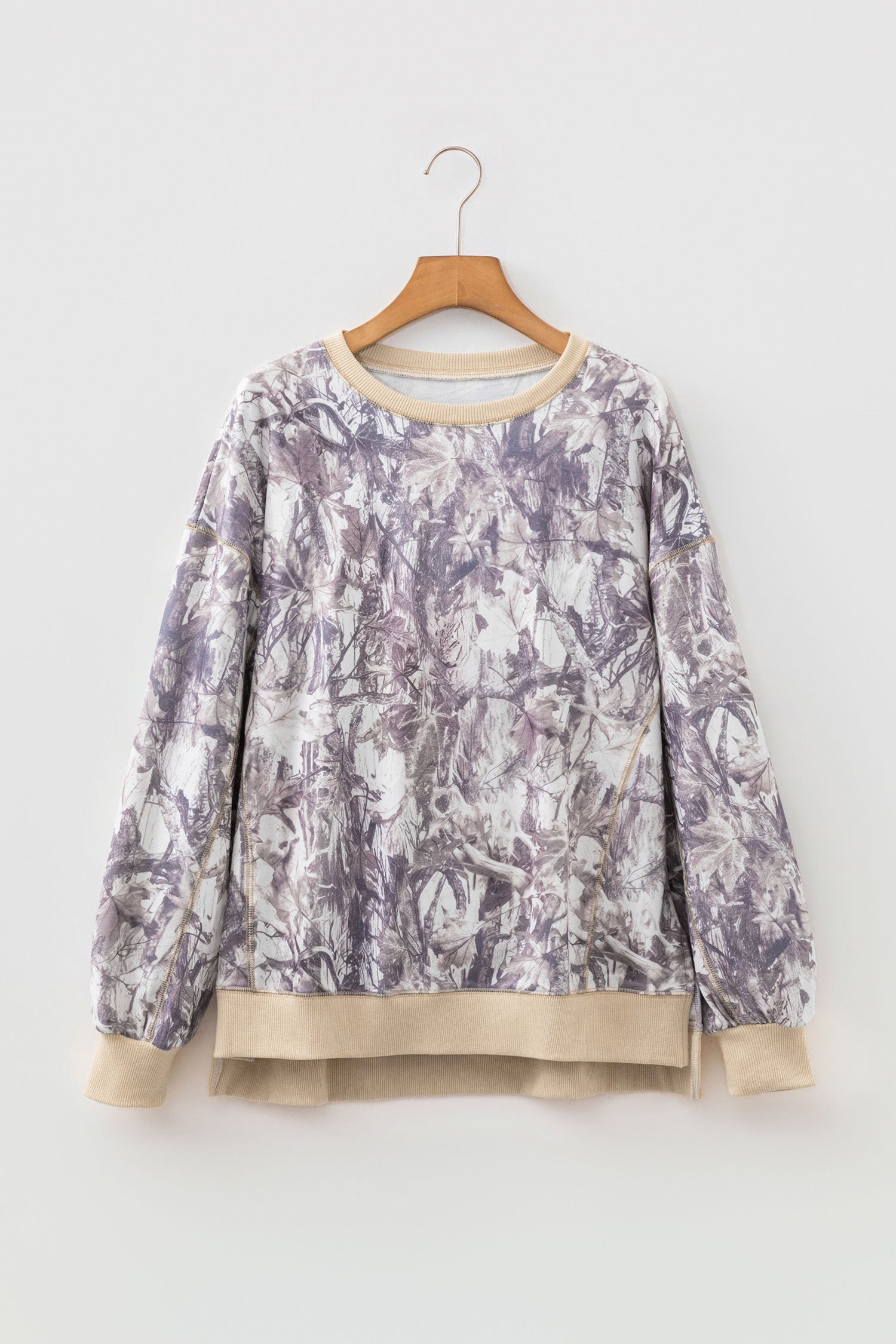 Khaki Abstract Camo Print Colorblock Trim Side Split Tunic Sweatshirt-Tops/Sweatshirts & Hoodies-[Adult]-[Female]-2022 Online Blue Zone Planet