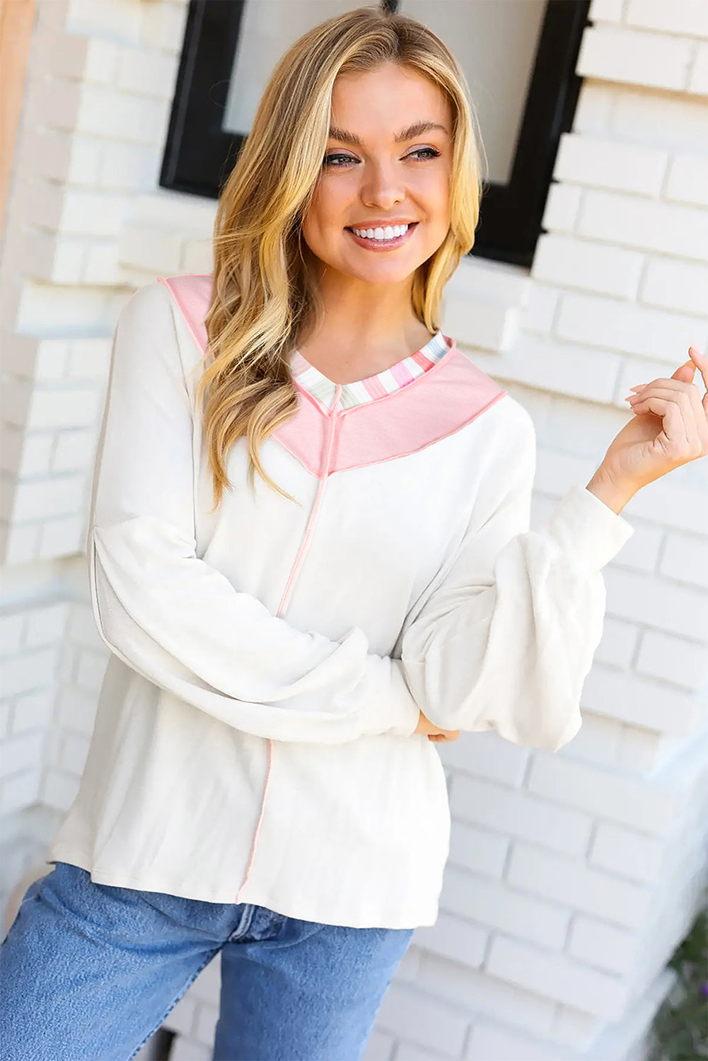 White Exposed Seam Rainbow Stripe Color Block V Neck Loose Long Sleeve Top-Tops/Long Sleeve Tops-[Adult]-[Female]-2022 Online Blue Zone Planet