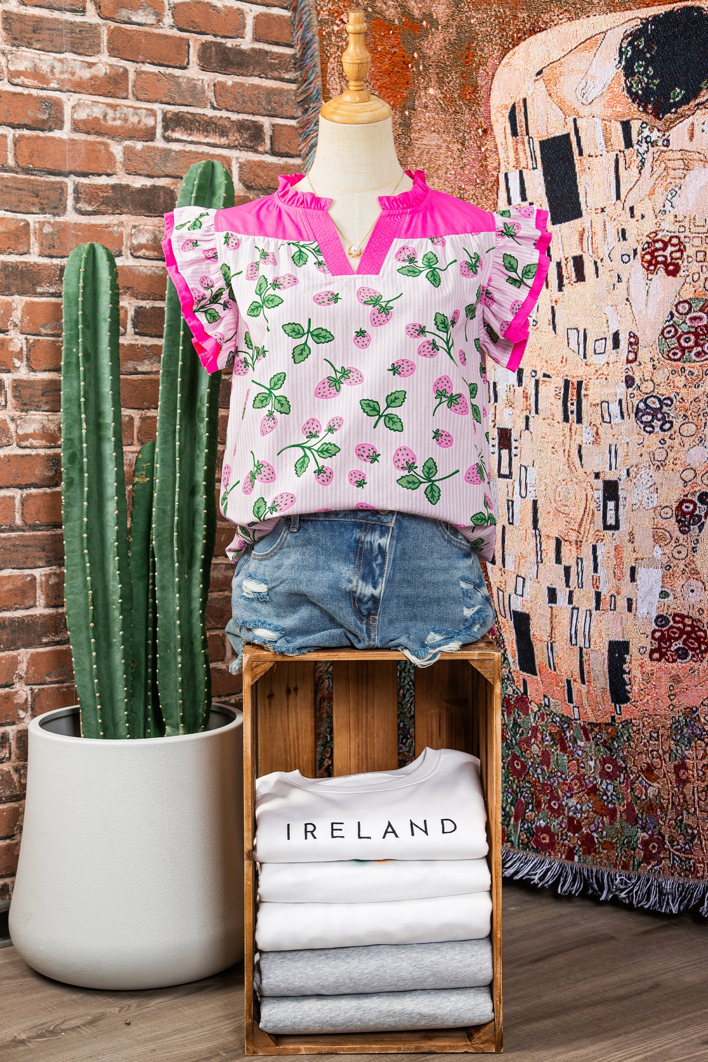 Pink Striped Strawberry Printed Color Block Patchwork V Neck Flutter Sleeve Blouse-Tops/Blouses & Shirts-[Adult]-[Female]-2022 Online Blue Zone Planet