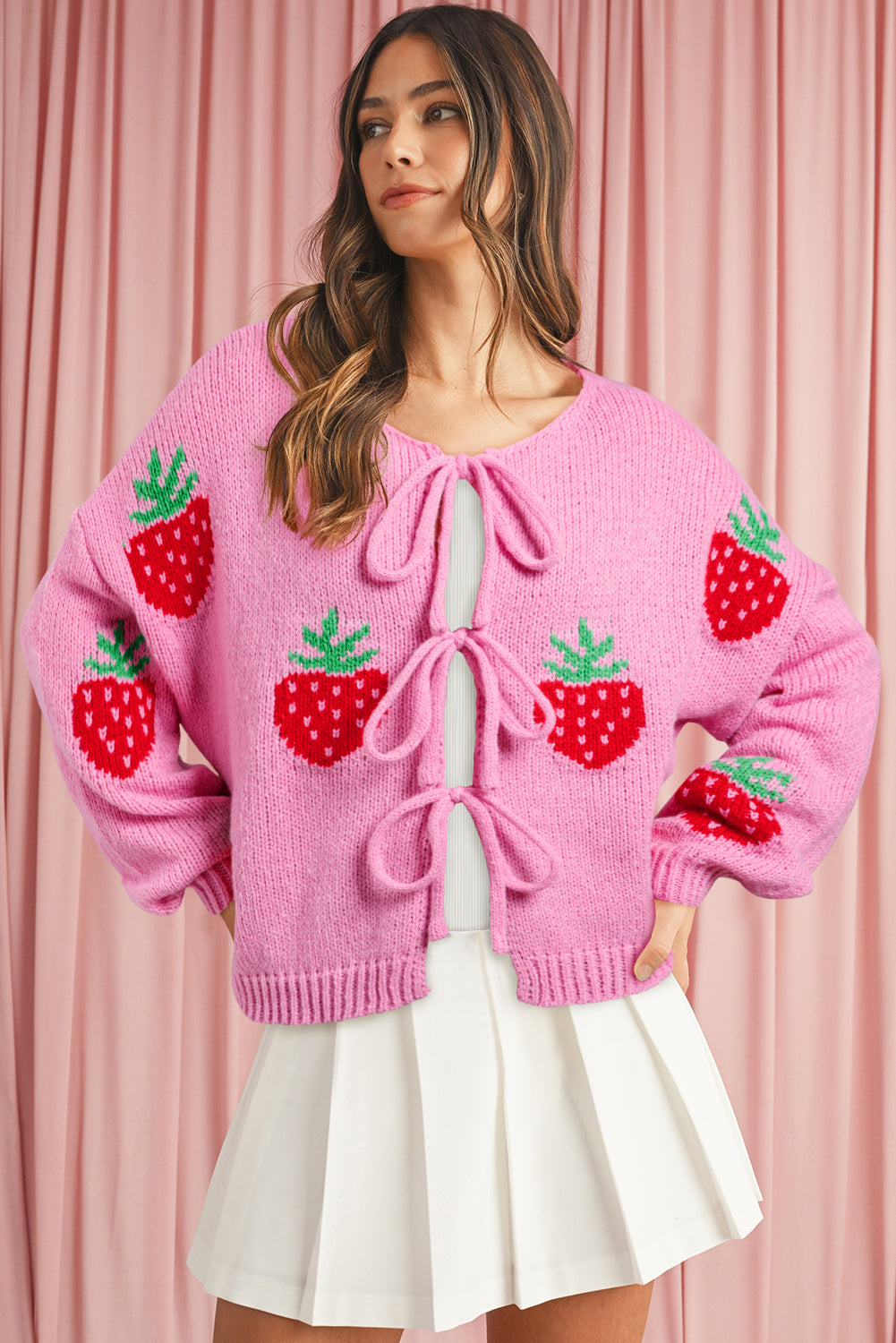 Rose Strawberry Print Bowknot Knit Cardigan-Cardigans-[Adult]-[Female]-2022 Online Blue Zone Planet