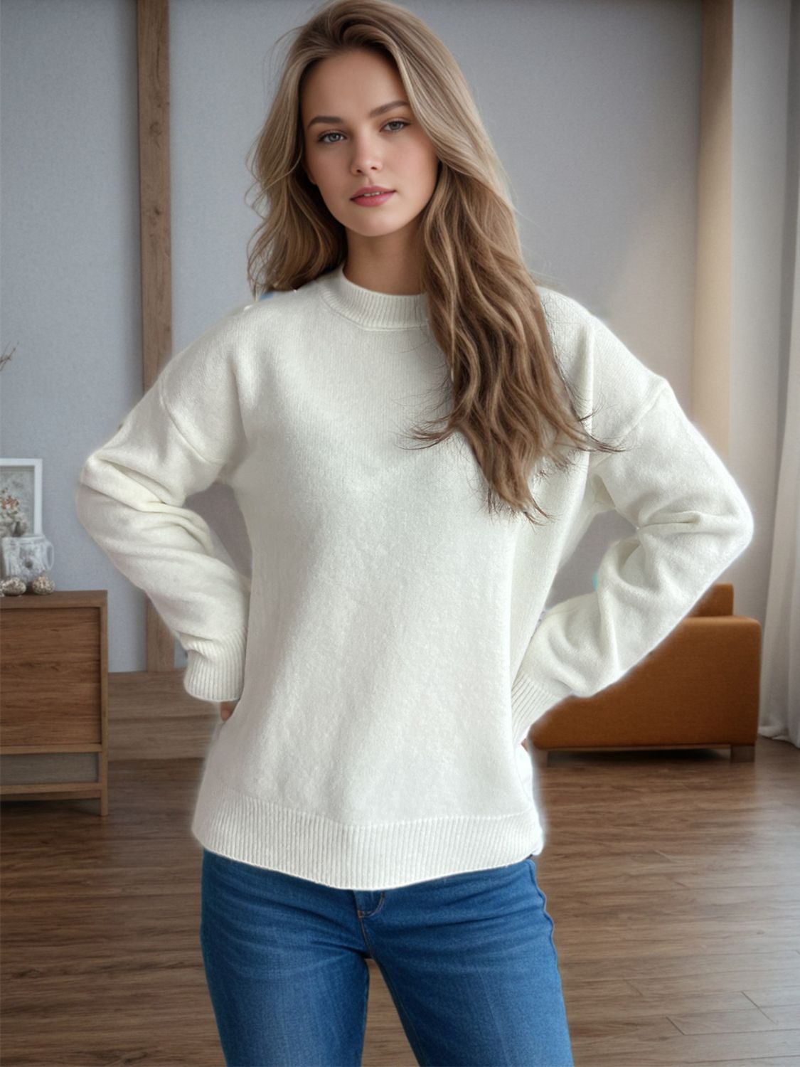 Blue Zone Planet | Round Neck Drop Shoulder Long Sleeve Sweater-TOPS / DRESSES-[Adult]-[Female]-2022 Online Blue Zone Planet