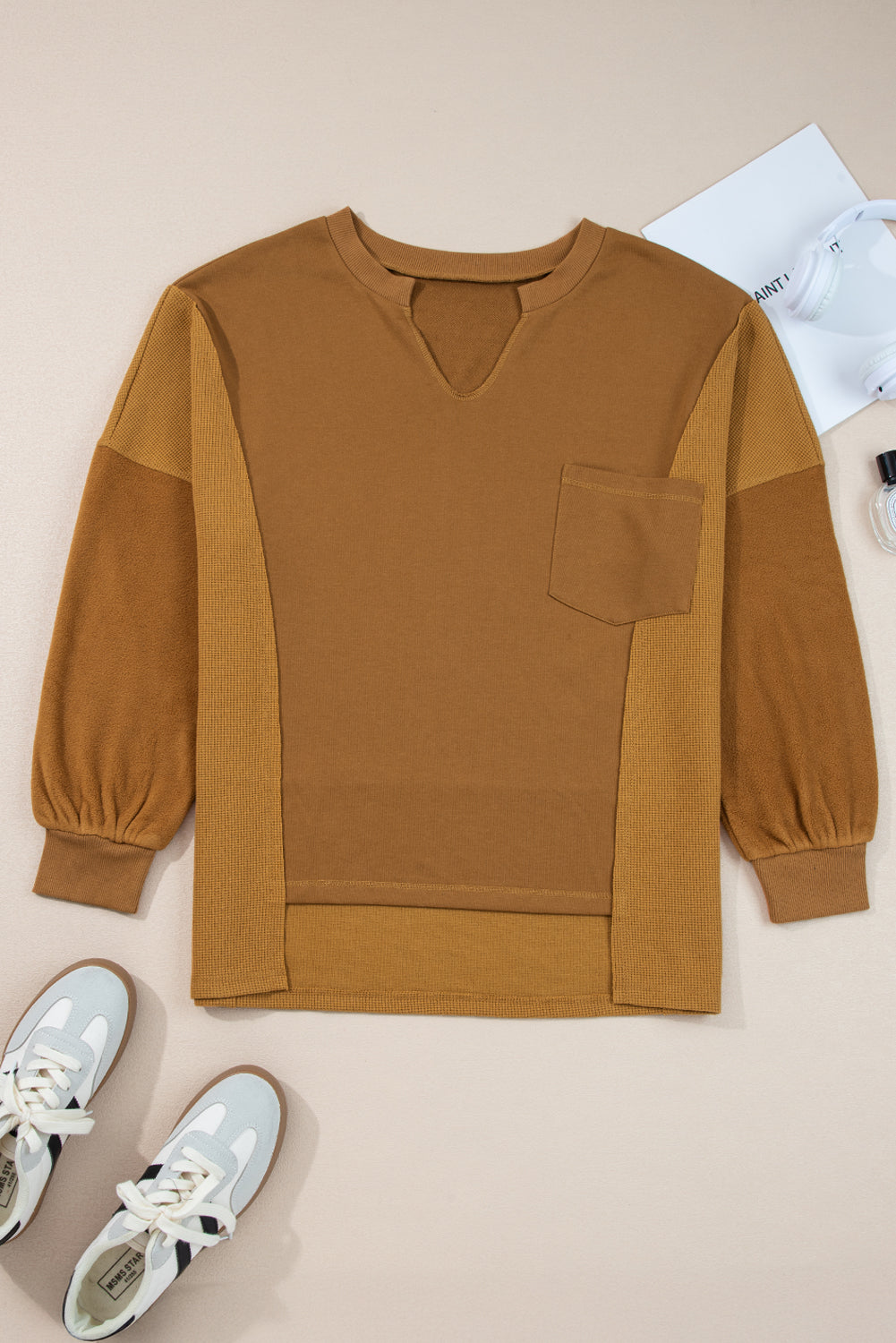 Multicolor Oversized Mixed Textured Split Neck High Low Patchwork Sweatshirt-Tops/Sweatshirts & Hoodies-[Adult]-[Female]-2022 Online Blue Zone Planet