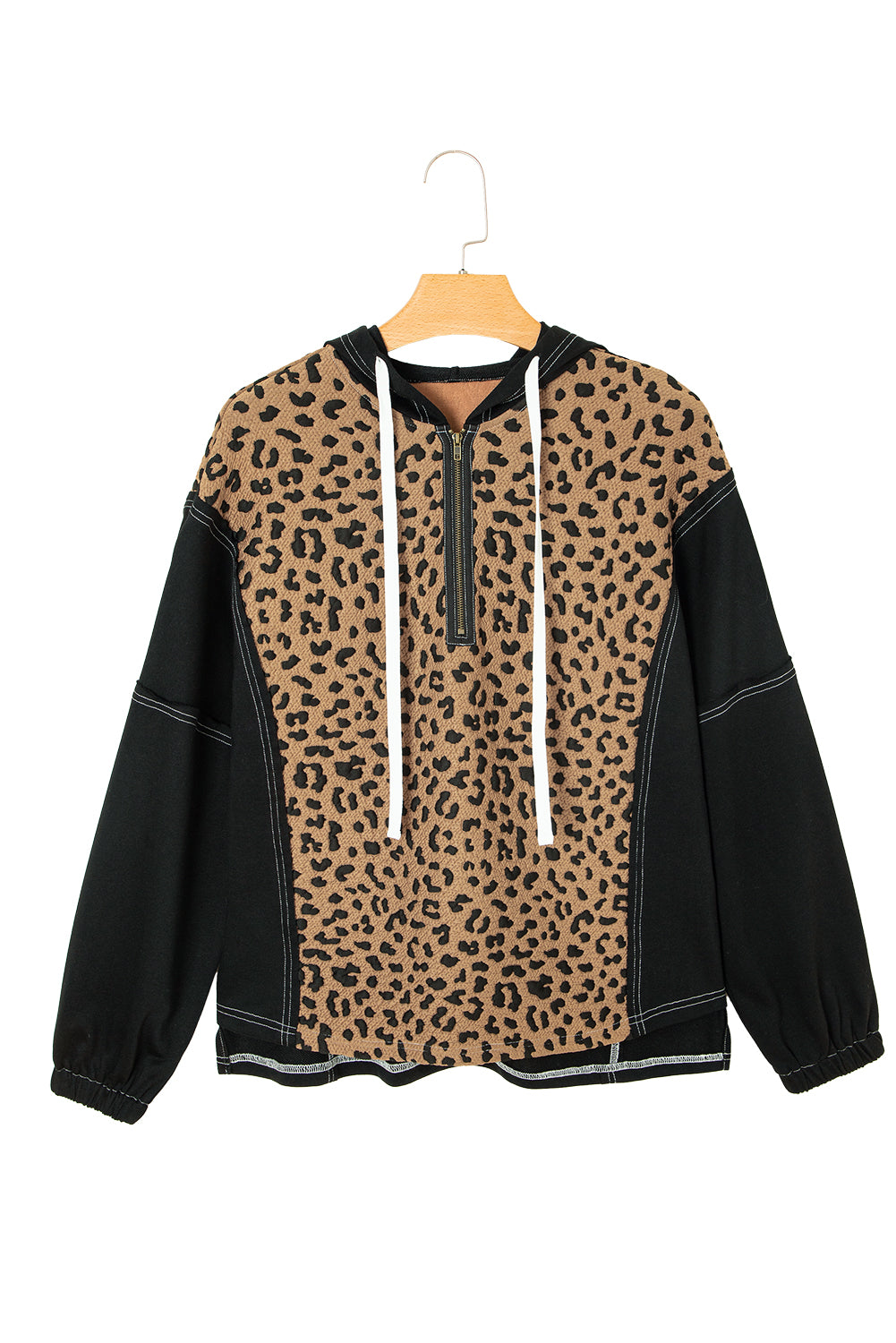 Brown Leopard Patchwork Contrast Stitching Knotted Cuff Quarter Zip Hoodie-Tops/Sweatshirts & Hoodies-[Adult]-[Female]-2022 Online Blue Zone Planet