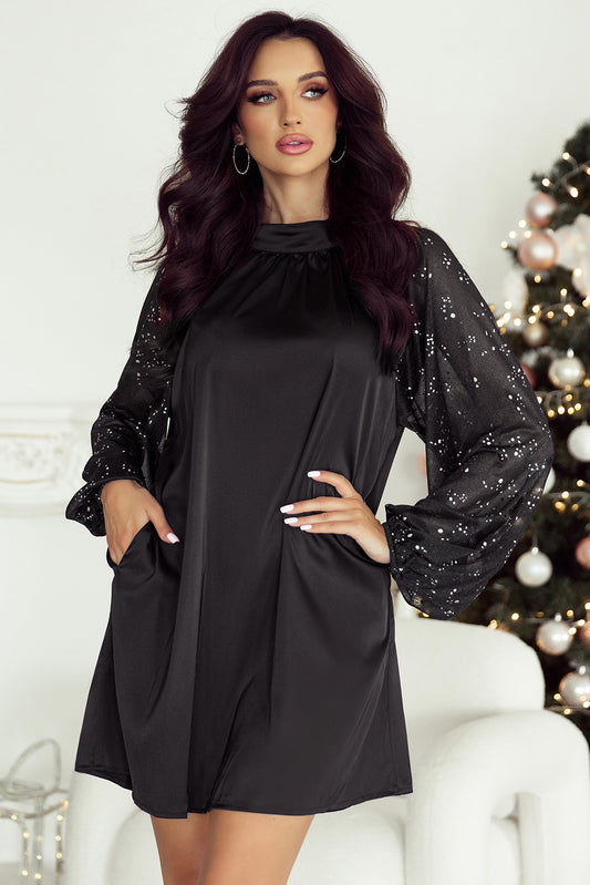 Black Glittering Mesh Sleeve Mock Neck Mini Dress-Dresses/Mini Dresses-[Adult]-[Female]-Black-S-2022 Online Blue Zone Planet