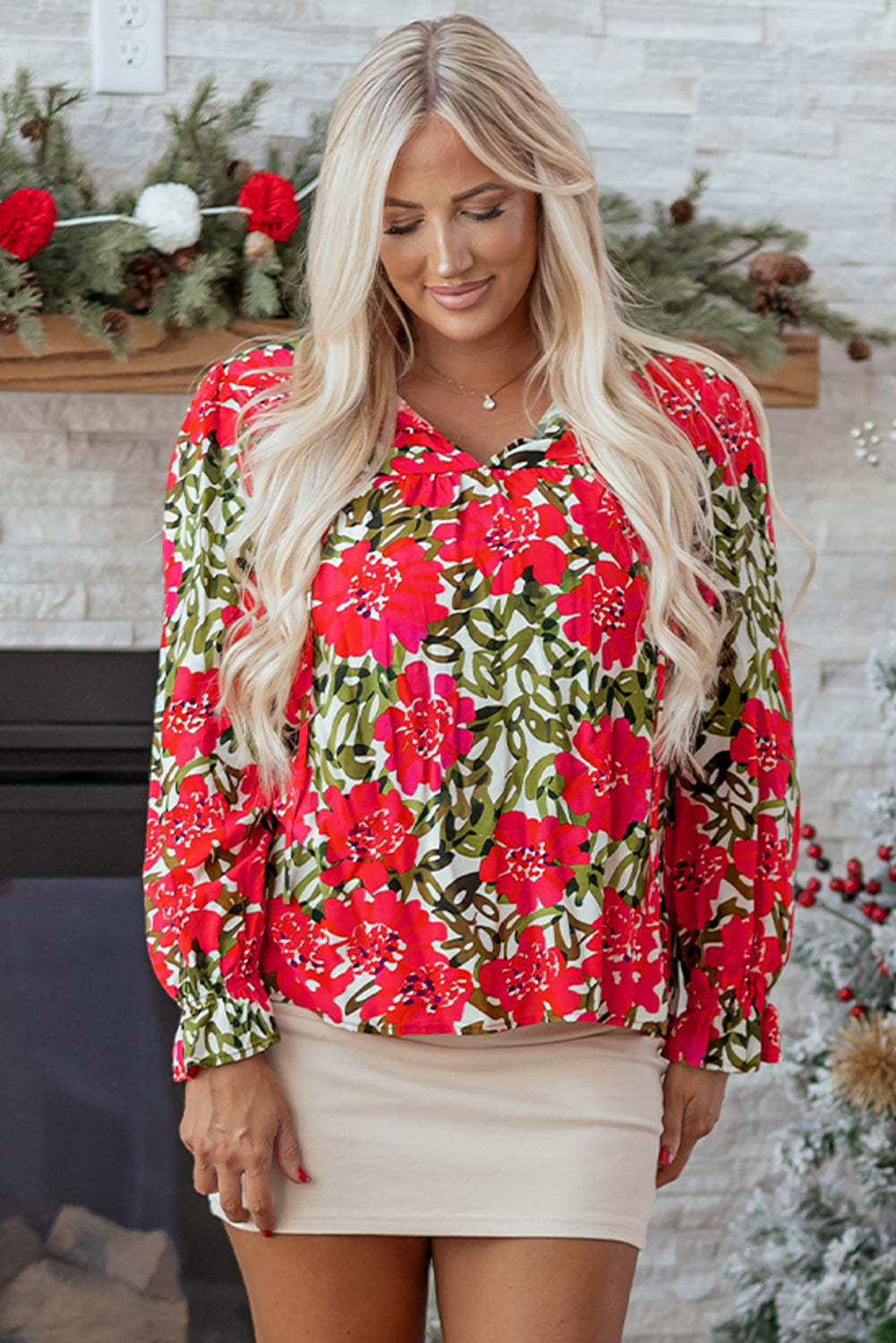 Red Floral Print Lace Up V Neck Flounce Sleeve Blouse-Tops/Blouses & Shirts-[Adult]-[Female]-2022 Online Blue Zone Planet