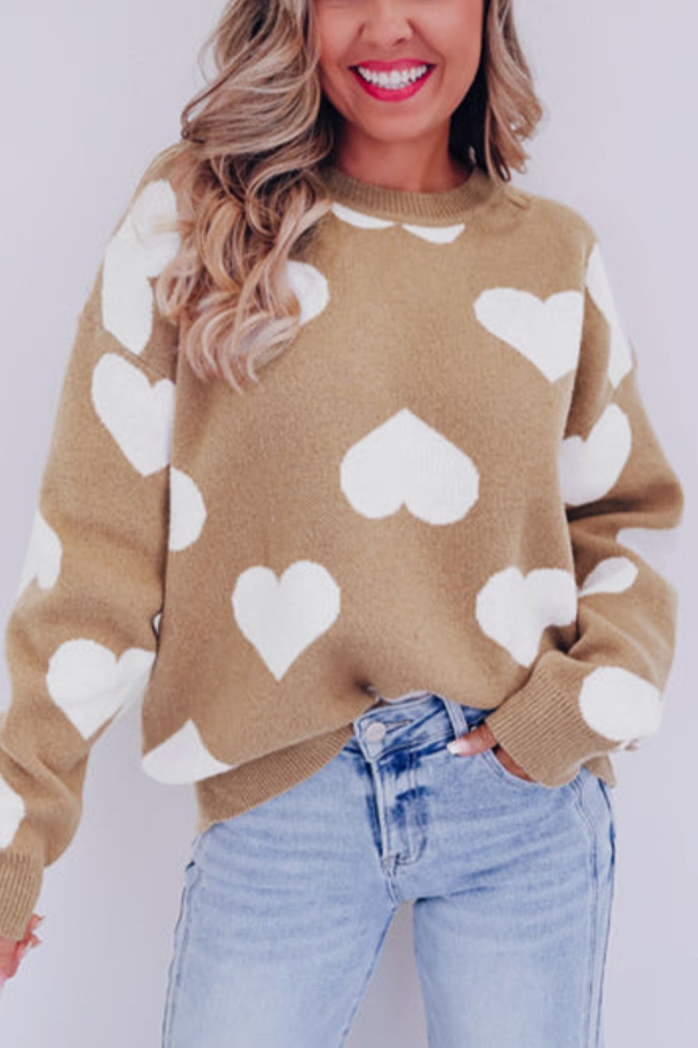 Heart Round Neck Long Sleeve Sweater-TOPS / DRESSES-[Adult]-[Female]-Khaki-S-2022 Online Blue Zone Planet