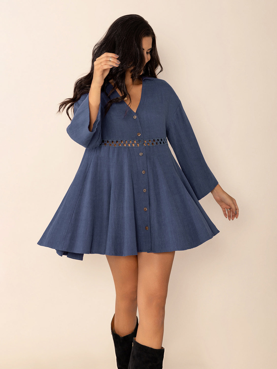 Cutout Johnny Collar Long Sleeve Mini Dress-TOPS / DRESSES-[Adult]-[Female]-Dusty Blue-S-2022 Online Blue Zone Planet