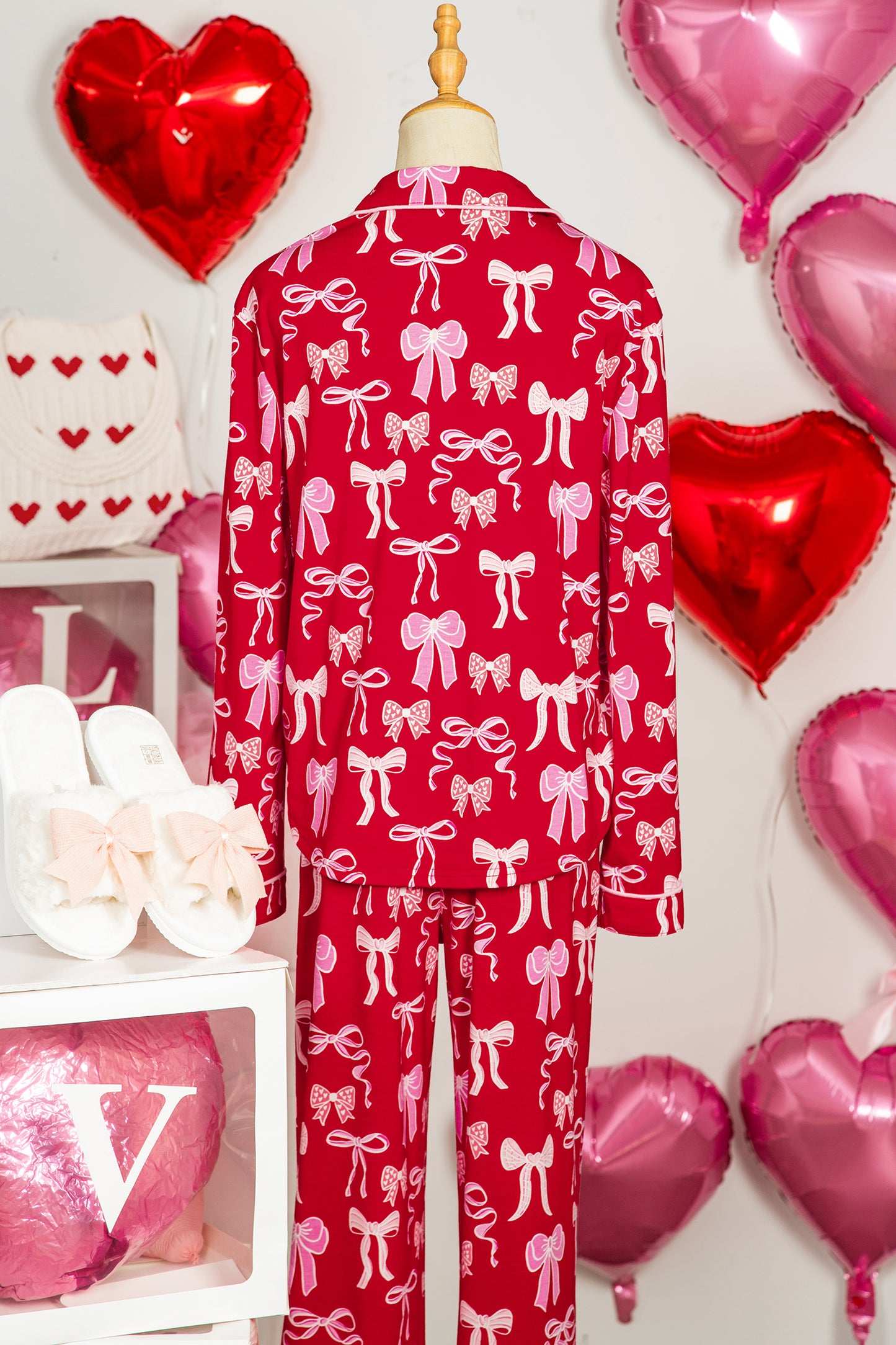 Red Sweet Bow Print Shirt Style Top Long 2pcs Pajama Set-Loungewear & Sleepwear/Sleepwear-[Adult]-[Female]-2022 Online Blue Zone Planet