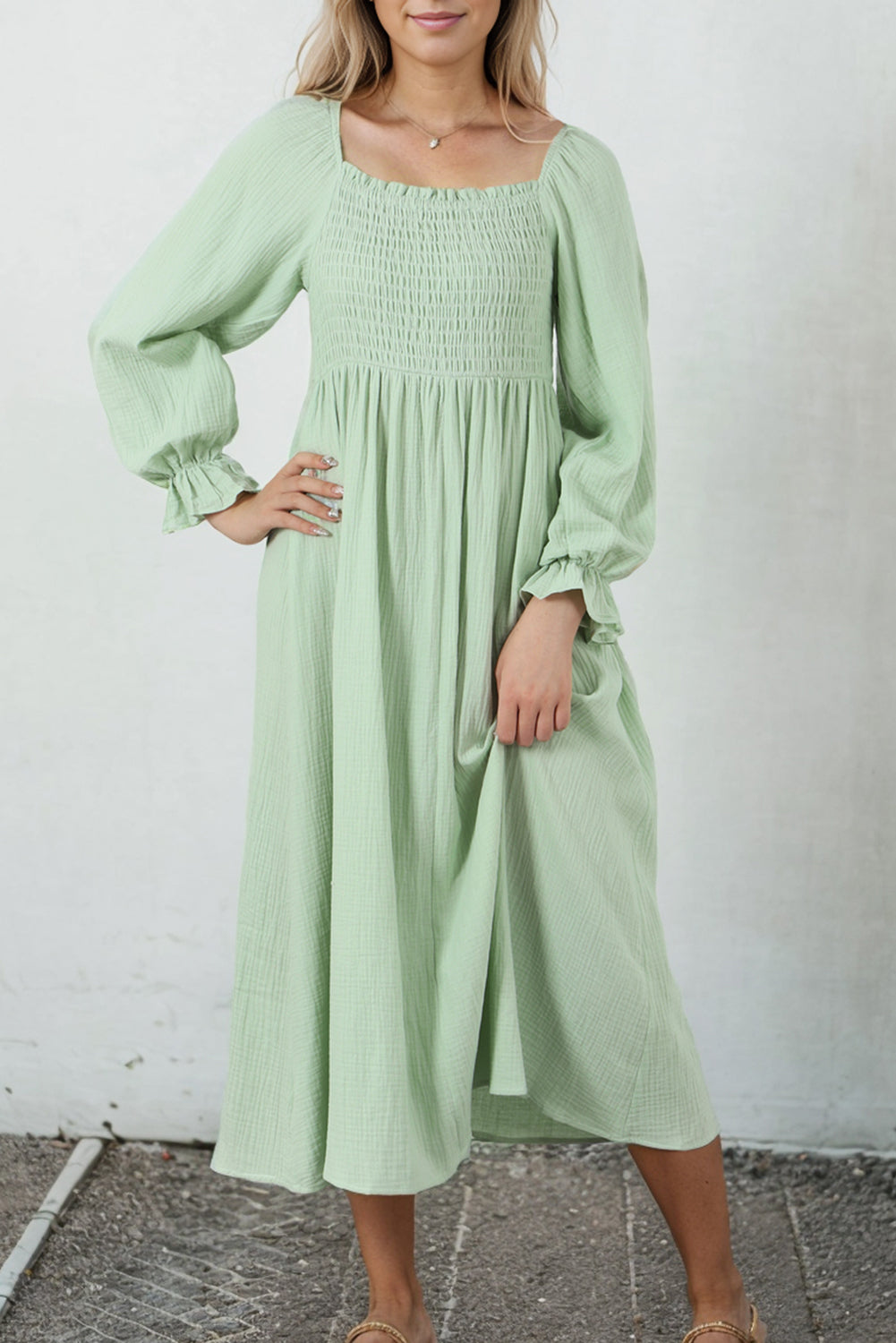 Green Smoked Flounce Sleeve Textured Empire Waist Maxi Dress-Dresses/Maxi Dresses-[Adult]-[Female]-2022 Online Blue Zone Planet