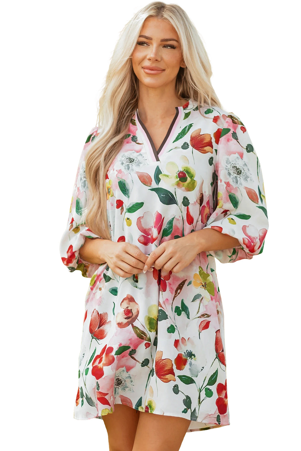 Red Floral Contrast Striped V Neck Puff Half Sleeve Shift Dress-TOPS / DRESSES-[Adult]-[Female]-2022 Online Blue Zone Planet