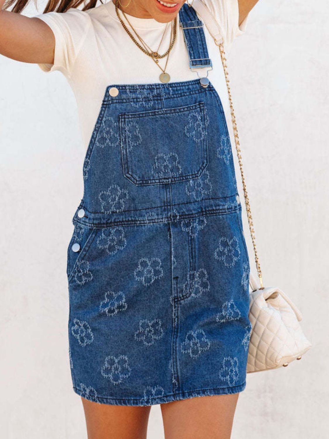 Flower Wide Strap Denim Overall Dress with Pockets-TOPS / DRESSES-[Adult]-[Female]-2022 Online Blue Zone Planet