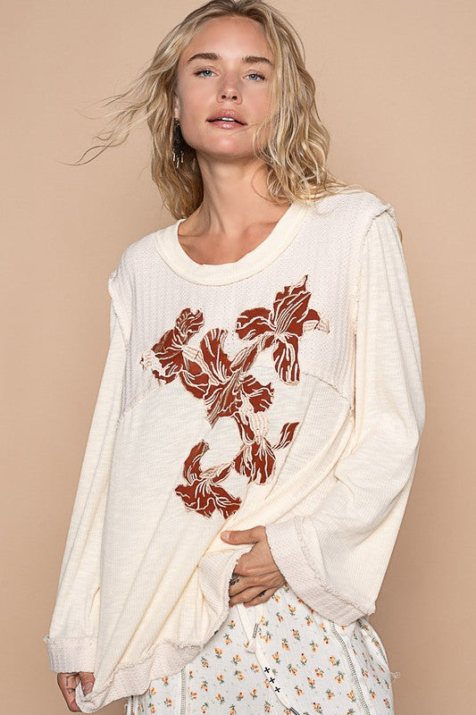Blue Zone Planet | POL Embroidered Round Neck Long Sleeve Knit Top-TOPS / DRESSES-[Adult]-[Female]-2022 Online Blue Zone Planet