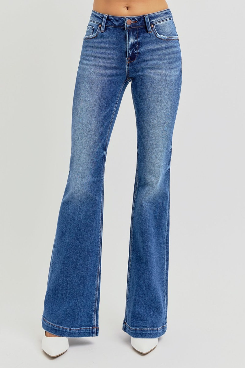 RISEN Full Size Low Rise Flare Jeans with Pockets-BOTTOMS SIZES SMALL MEDIUM LARGE-[Adult]-[Female]-2022 Online Blue Zone Planet