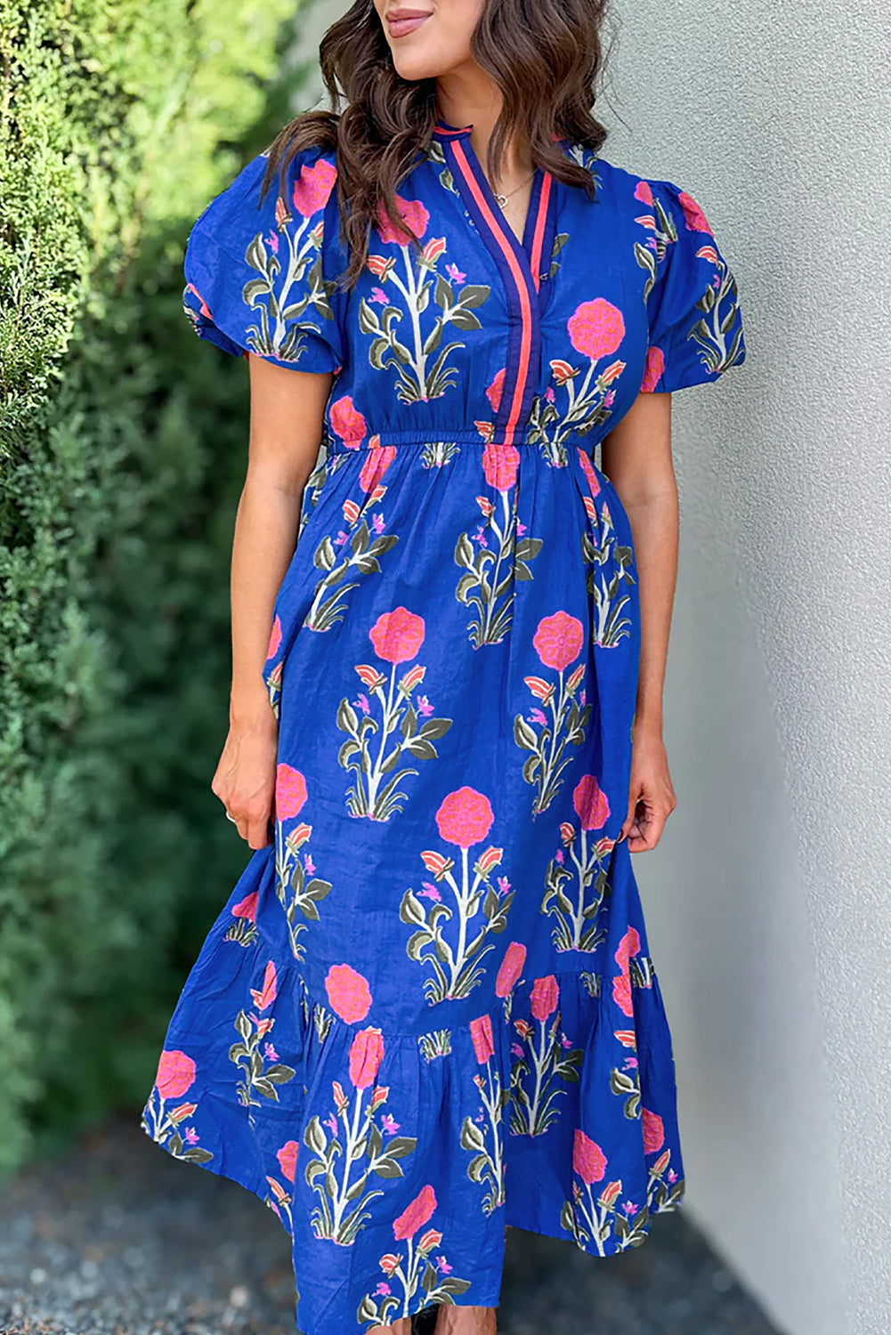 White Floral Puff Short Sleeve V Neck High Waist Maxi Dress-TOPS / DRESSES-[Adult]-[Female]-Sky Blue-S-2022 Online Blue Zone Planet