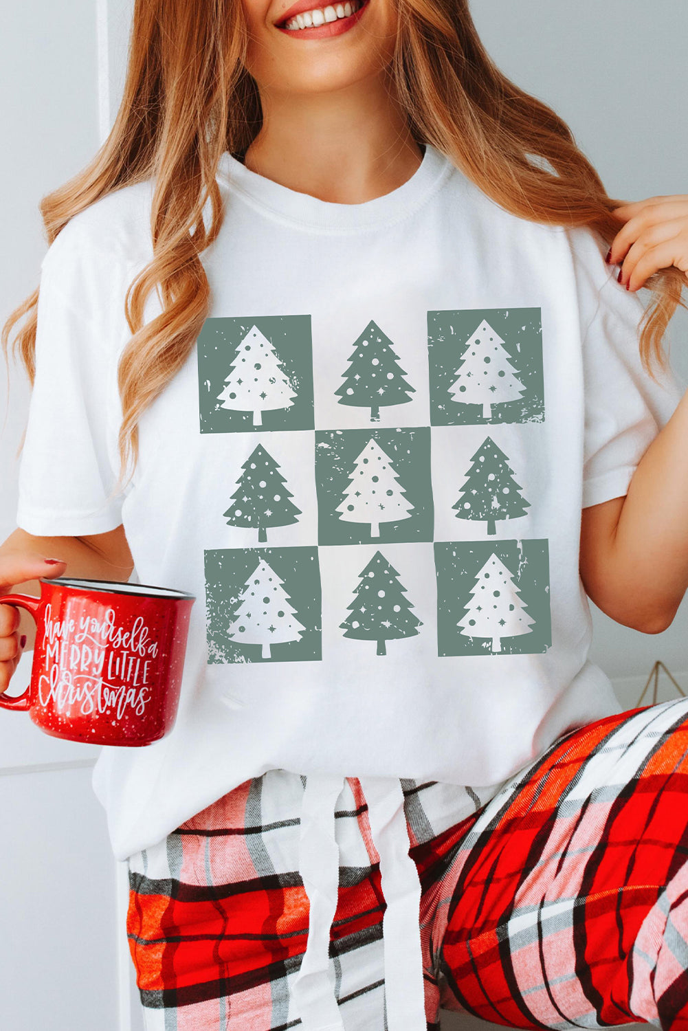 White Christmas Tree Checkered Distressed Graphic Oversize Tee-Graphic/Graphic Tees-[Adult]-[Female]-2022 Online Blue Zone Planet