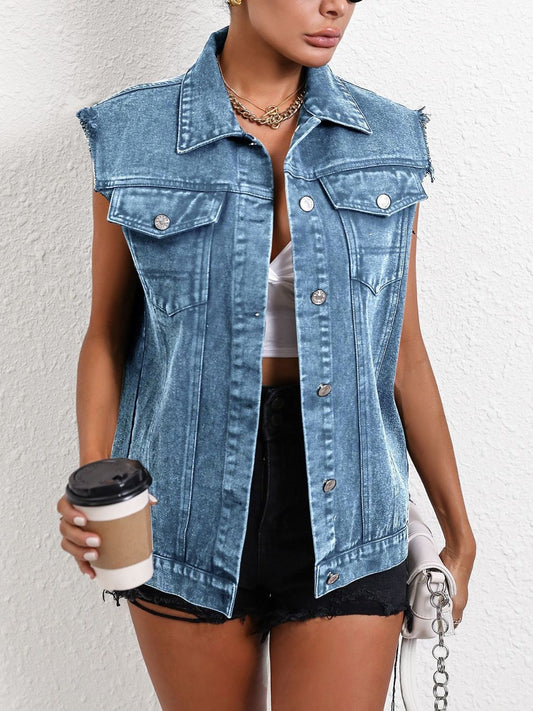 Pocketed Collared Neck Sleeveless Denim Top-TOPS / DRESSES-[Adult]-[Female]-Medium-XS-2022 Online Blue Zone Planet