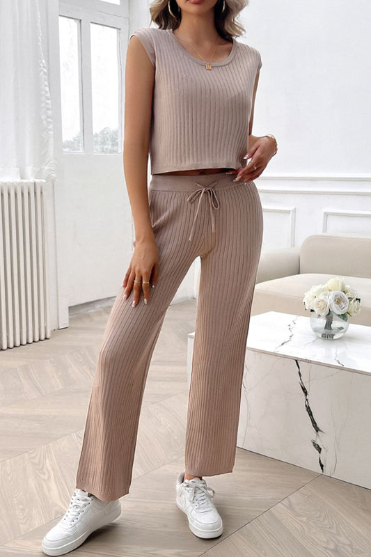 Devine Ribbed Round Neck Top and Pants Set-TOPS / DRESSES-[Adult]-[Female]-Taupe-S-2022 Online Blue Zone Planet