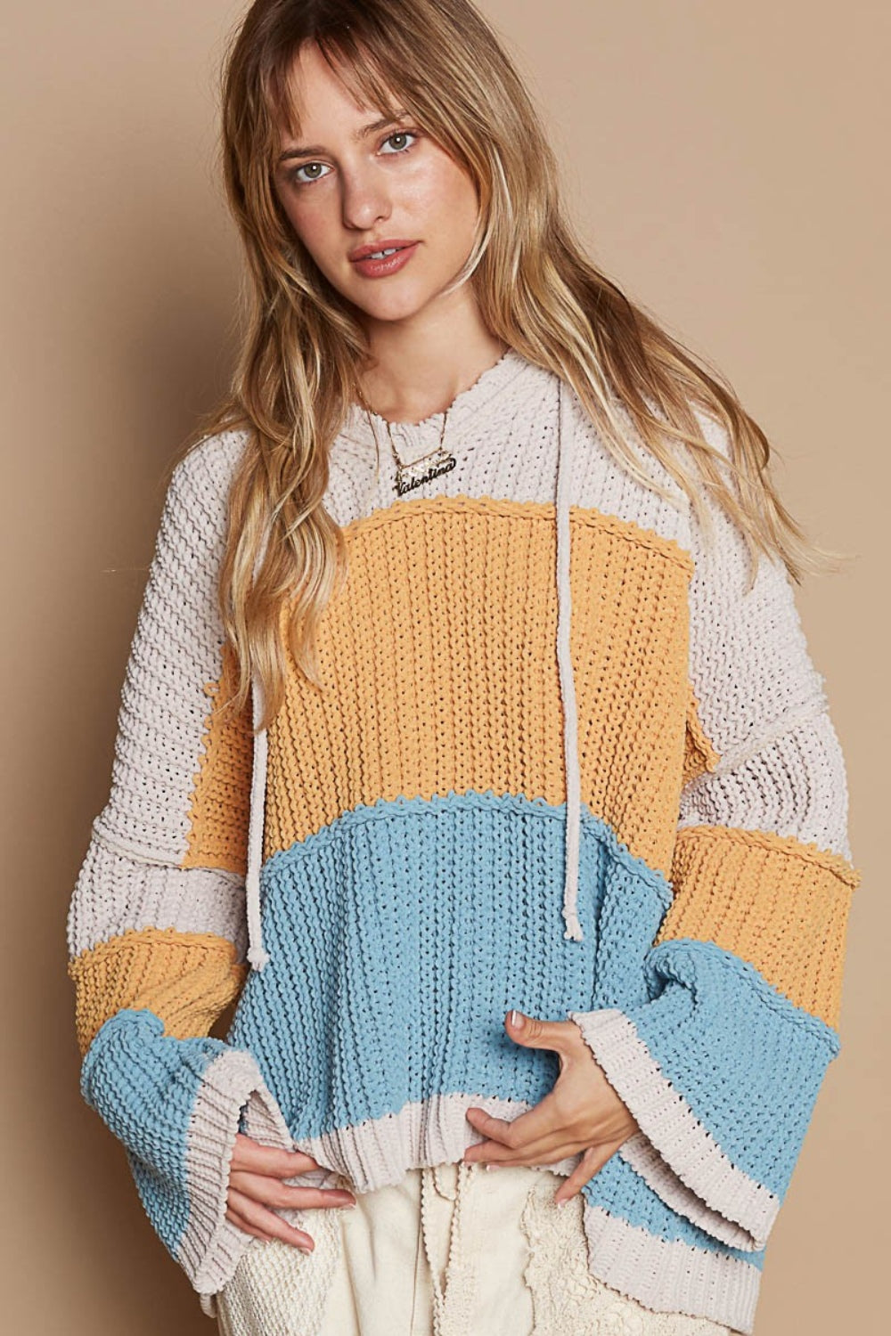 POL Color Block Long Sleeve Hooded Sweater-TOPS / DRESSES-[Adult]-[Female]-Blue Mustard Multi-S-2022 Online Blue Zone Planet