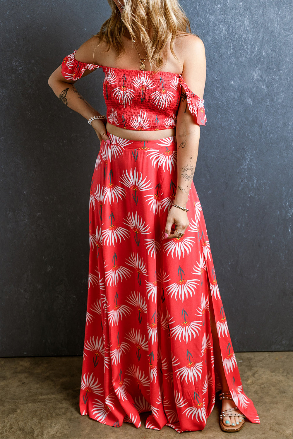 Red Floral Shirred Off Shoulder Crop Top and Slit Maxi Skirt Set-Two Piece Sets/Two Piece Dresses-[Adult]-[Female]-Red-S-2022 Online Blue Zone Planet