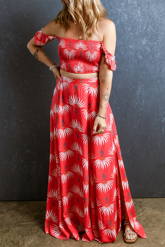 Red Floral Shirred Off Shoulder Crop Top and Slit Maxi Skirt Set-Two Piece Sets/Two Piece Dresses-[Adult]-[Female]-Red-S-2022 Online Blue Zone Planet