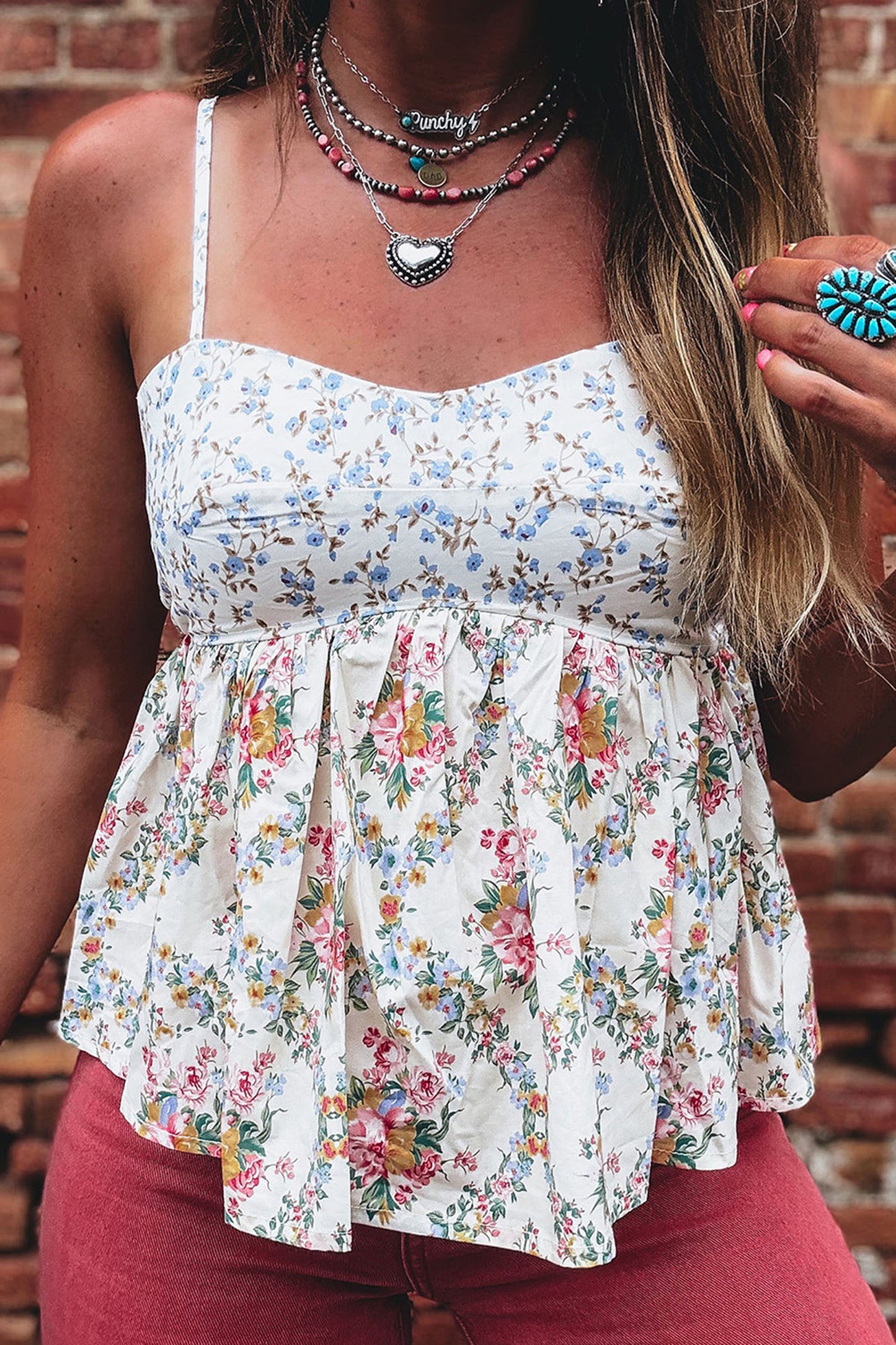 White Contrast Floral Printed Patchwork Spaghetti Straps Babydoll Top-Tops/Tank Tops-[Adult]-[Female]-2022 Online Blue Zone Planet