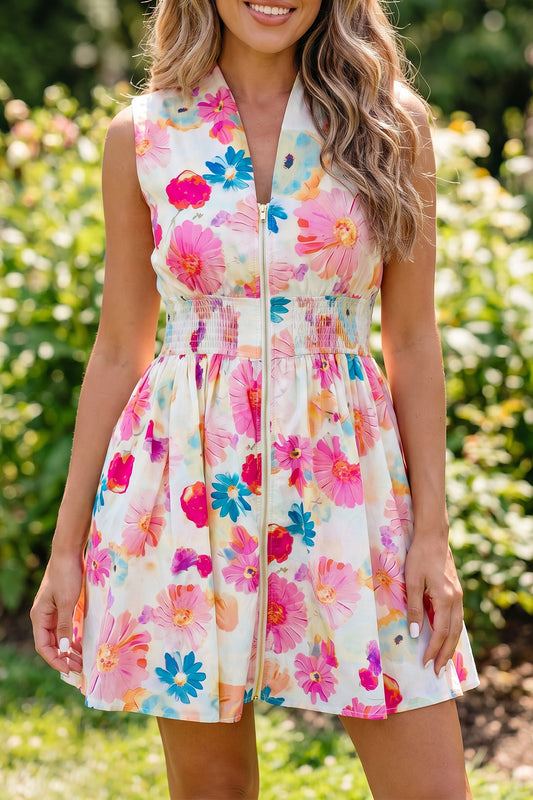 Pink Adorable Floral Print V Neck Zip Up Smocked Waist Flared Mini Dress-TOPS / DRESSES-[Adult]-[Female]-2022 Online Blue Zone Planet