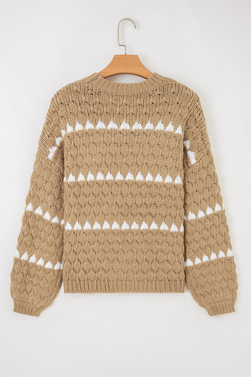 Pale Khaki Contrast Detail Textured Knit Puff Sleeve Baggy Sweater-Sweaters & Cardigans/Sweaters-[Adult]-[Female]-2022 Online Blue Zone Planet