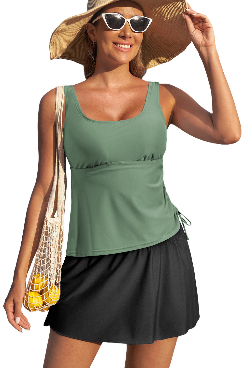 Mist Green Scoop Neck Adjustable Tankini And Matching Skort Bathing Suit-Swimwear/Tankinis-[Adult]-[Female]-2022 Online Blue Zone Planet