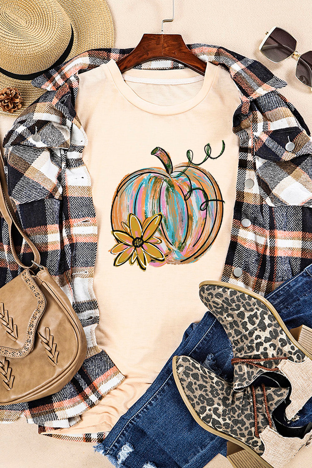 Khaki Pumpkin with Flower Graphic T Shirt-Graphic/Graphic Tees-[Adult]-[Female]-2022 Online Blue Zone Planet