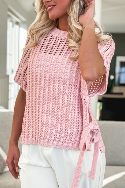 Pink Hollow-out Crochet Side Tied Short Sleeve Sweater-Sweaters & Cardigans/Short Sleeve Sweaters-[Adult]-[Female]-Pink-S-2022 Online Blue Zone Planet
