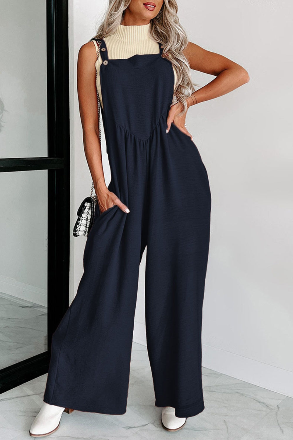 Square Neck Wide Strap Jumpsuit-[Adult]-[Female]-Dark Blue-S-2022 Online Blue Zone Planet