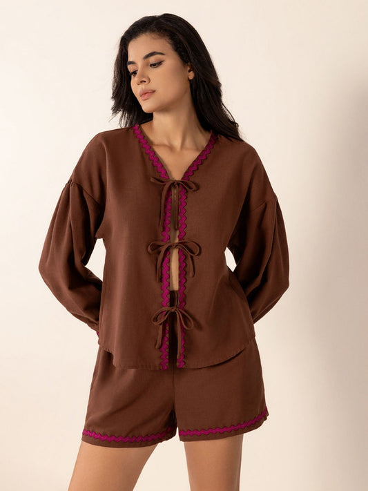 Tied V-Neck Long Sleeve Top and Shorts Set-TOPS / DRESSES-[Adult]-[Female]-Brown-S-2022 Online Blue Zone Planet