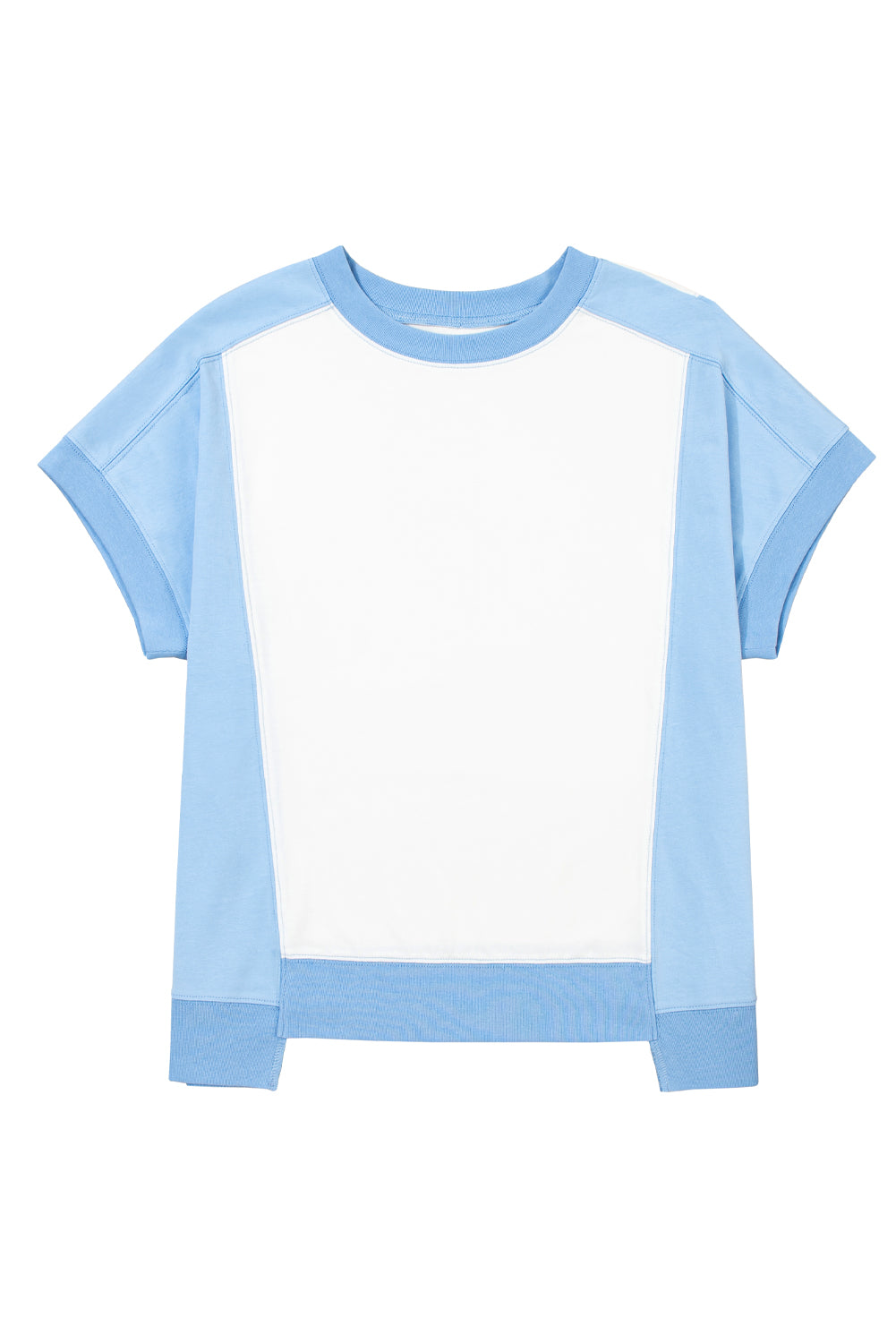 Sky Blue Color Block Exposed Seam Crew Neck T Shirt-Tops/Tops & Tees-[Adult]-[Female]-2022 Online Blue Zone Planet