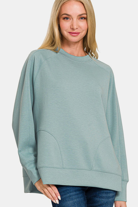 Zenana Scuba Round Neck Side Slit Sweatshirt-TOPS / DRESSES-[Adult]-[Female]-Blue Grey-S-2022 Online Blue Zone Planet