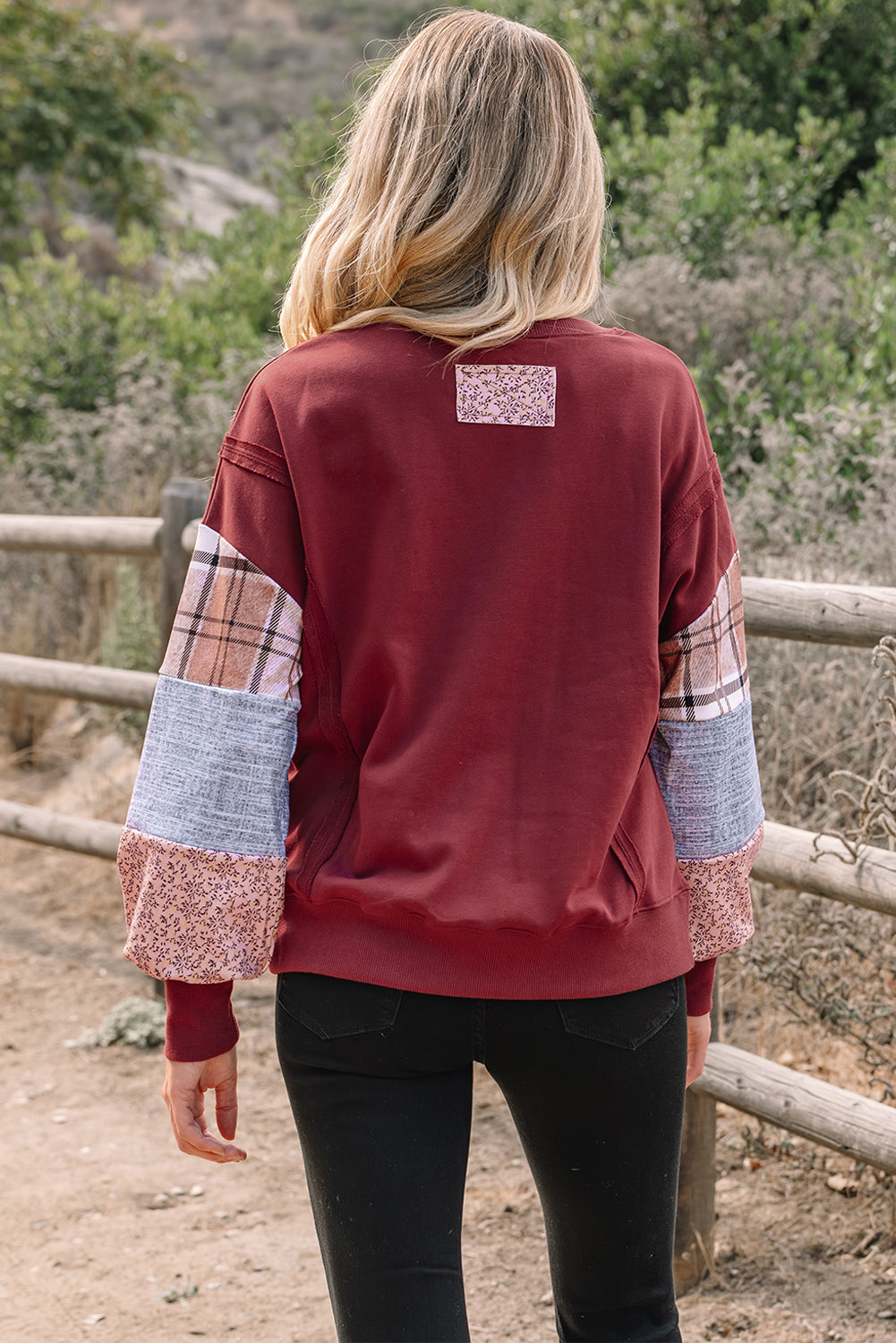 Red Sandalwood Plaid Colorblock Patchwork Sleeve Raw Seam Sweatshirt-Tops/Sweatshirts & Hoodies-[Adult]-[Female]-2022 Online Blue Zone Planet
