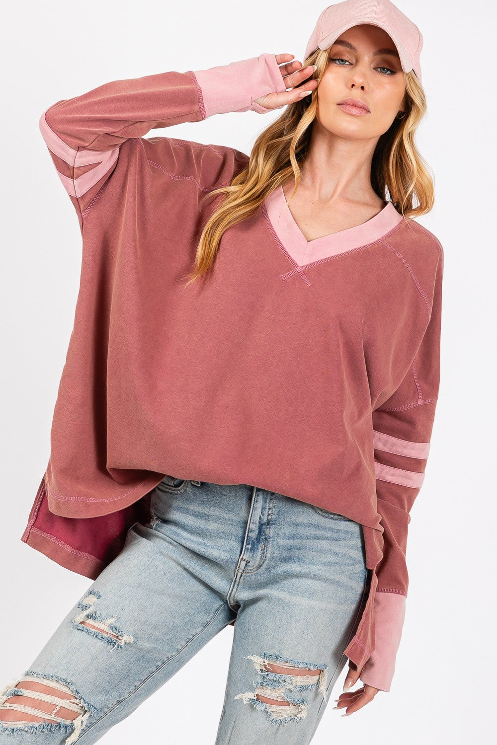 Blue Zone Planet | SAGE + FIG Mineral Wash Side Slit Contrast T-Shirt-TOPS / DRESSES-[Adult]-[Female]-Mulberry-S-2022 Online Blue Zone Planet