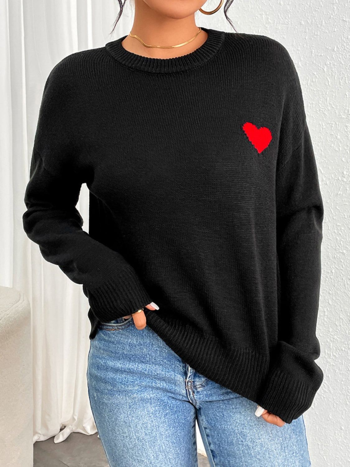 Heart Round Neck Long Sleeve Sweater-TOPS / DRESSES-[Adult]-[Female]-2022 Online Blue Zone Planet