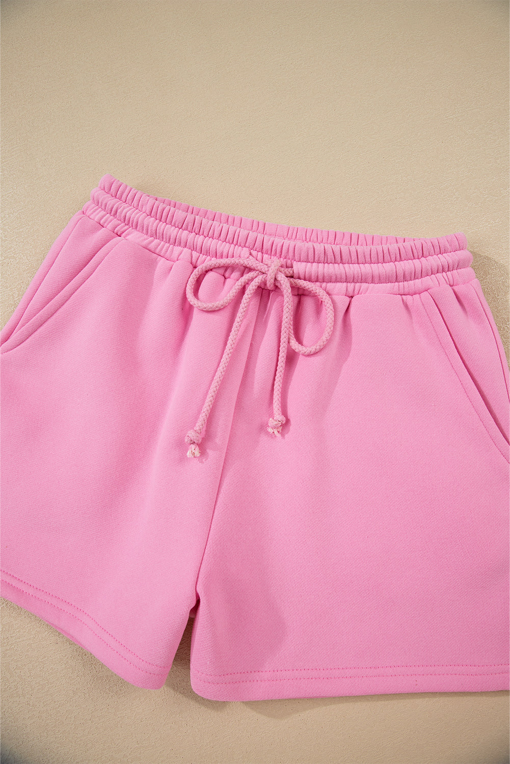 Strawberry Pink Color Block Pullover and Lace-up Elastic Waist Shorts Set-Two Piece Sets/Short Sets-[Adult]-[Female]-2022 Online Blue Zone Planet
