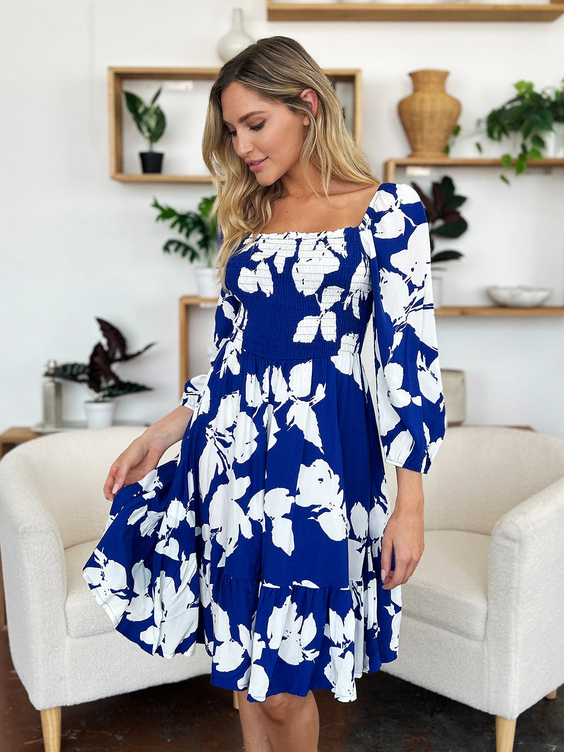 Blue Zone Planet | Double Take Full Size Floral Ruffle Hem Smocked Dress-TOPS / DRESSES-[Adult]-[Female]-2022 Online Blue Zone Planet
