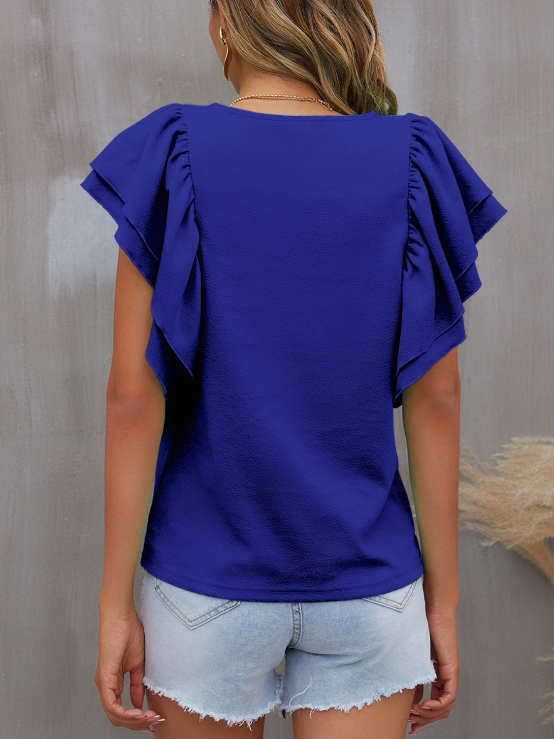 FAM-FAM Round Neck Flounce Sleeve Blouse-TOPS / DRESSES-[Adult]-[Female]-2022 Online Blue Zone Planet