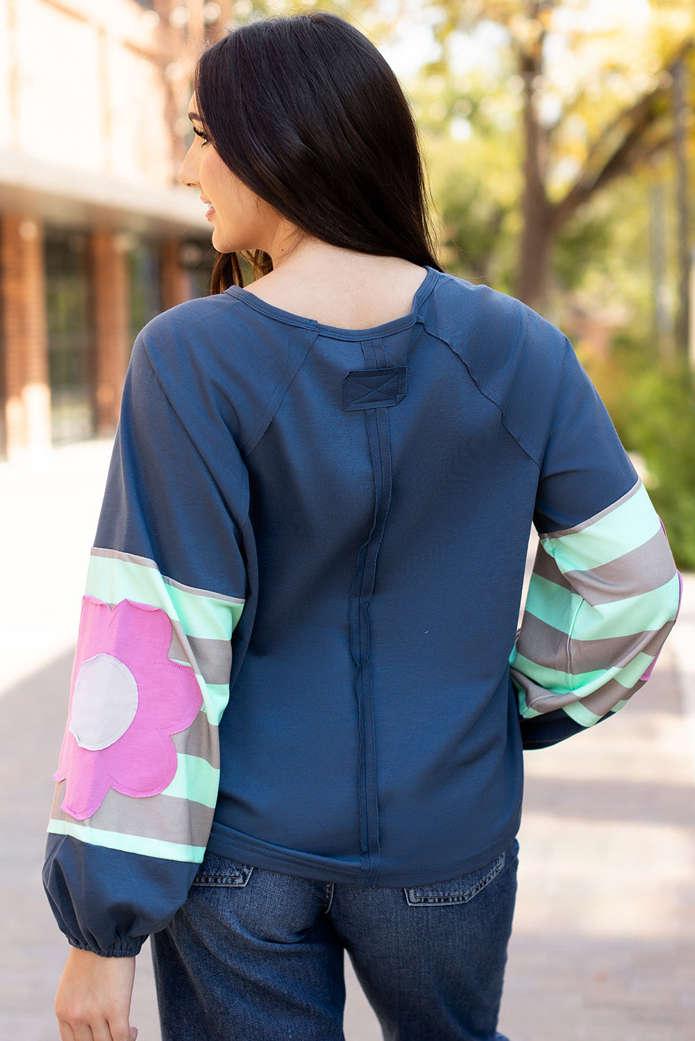 Sail Blue Flower Patchwork Raglan Sleeve Exposed Seam Oversized Top-Tops/Long Sleeve Tops-[Adult]-[Female]-2022 Online Blue Zone Planet